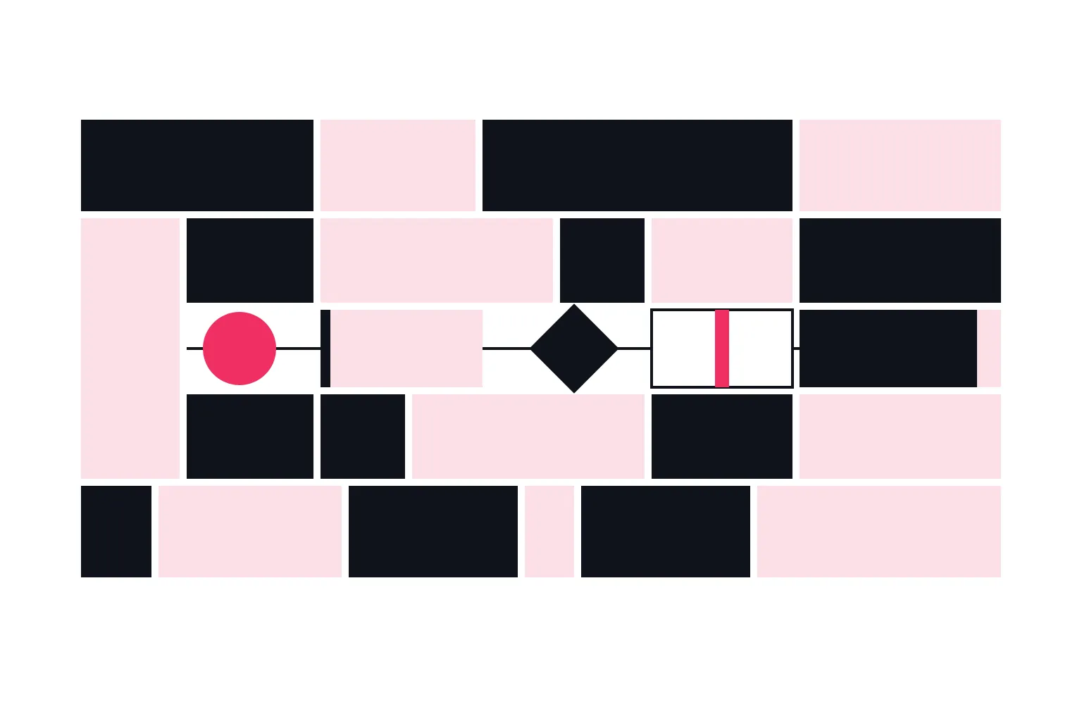 A business request drawn as a magenta circle moving along a path of solid blocks, through a data block and a decision step to a connected tool, with a human approval checkpoint before the final action.