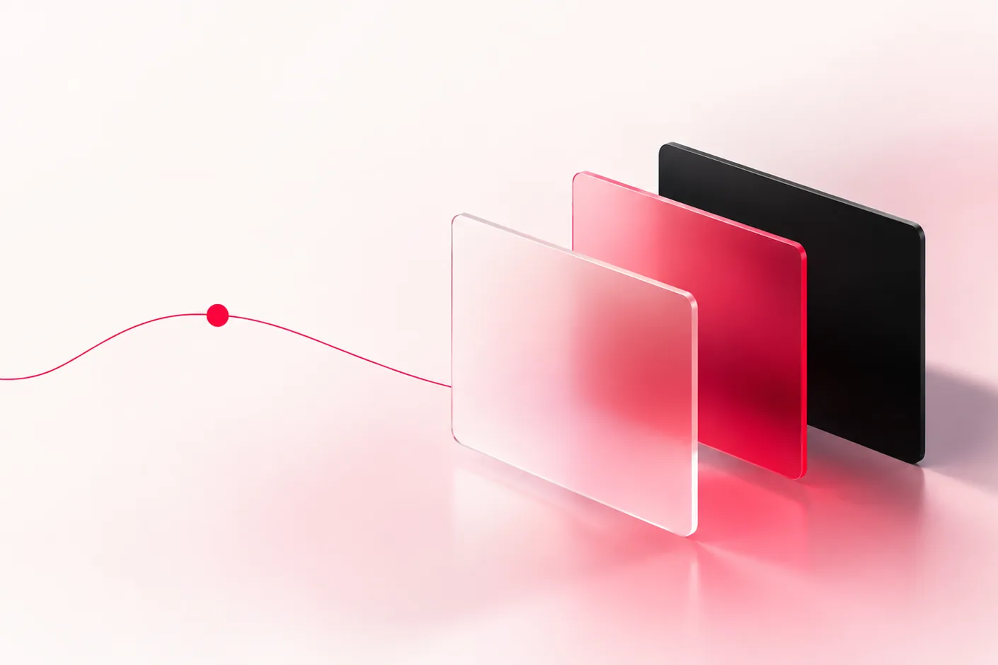 A magenta point on a thin line running into three stacked panels, frosted glass, red and black: a business request passing from the conversation through company data to the systems an AI agent acts on.