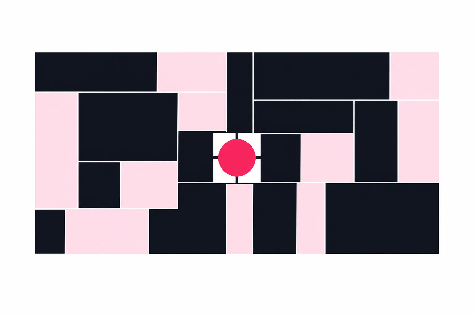 A dense mosaic of solid blocks with a magenta circle set into an opening at its centre, joined to its four neighbours.